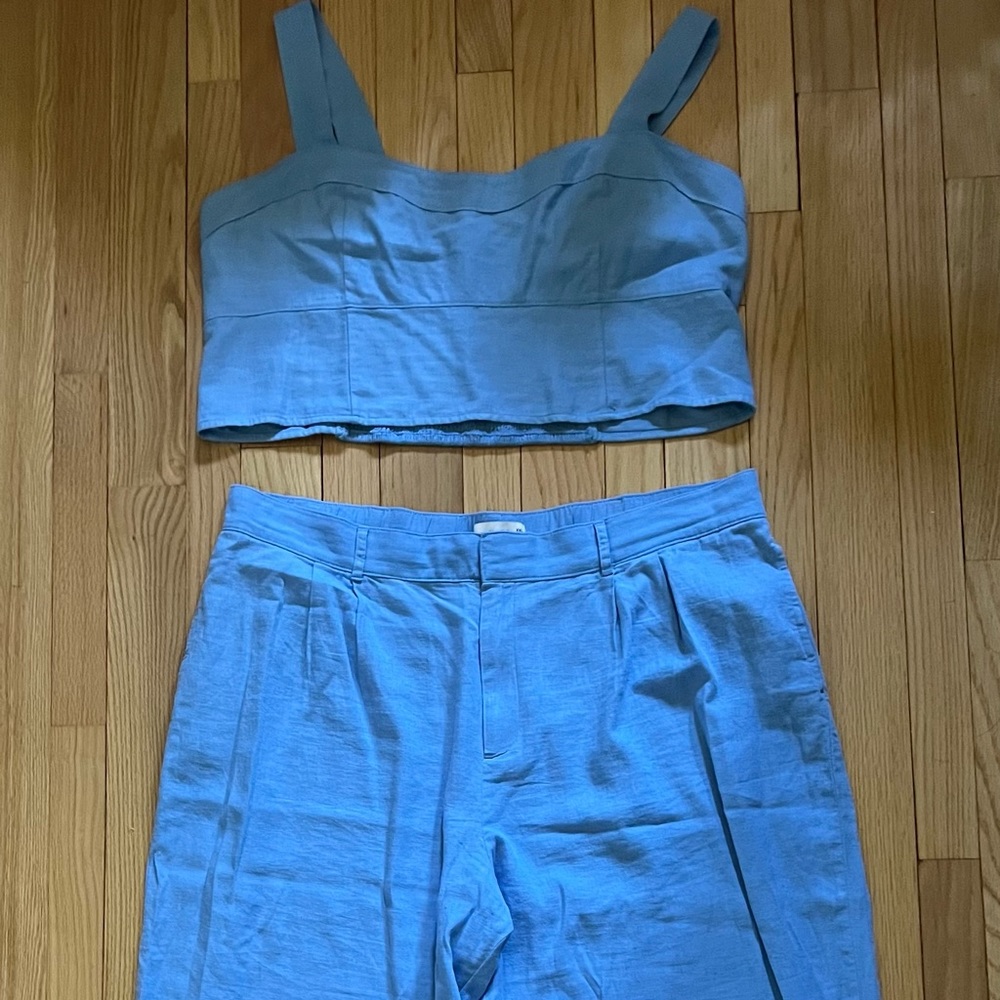 Abercrombie Linen Matching Crop Top & Wide Leg Pant, Blue, XXL